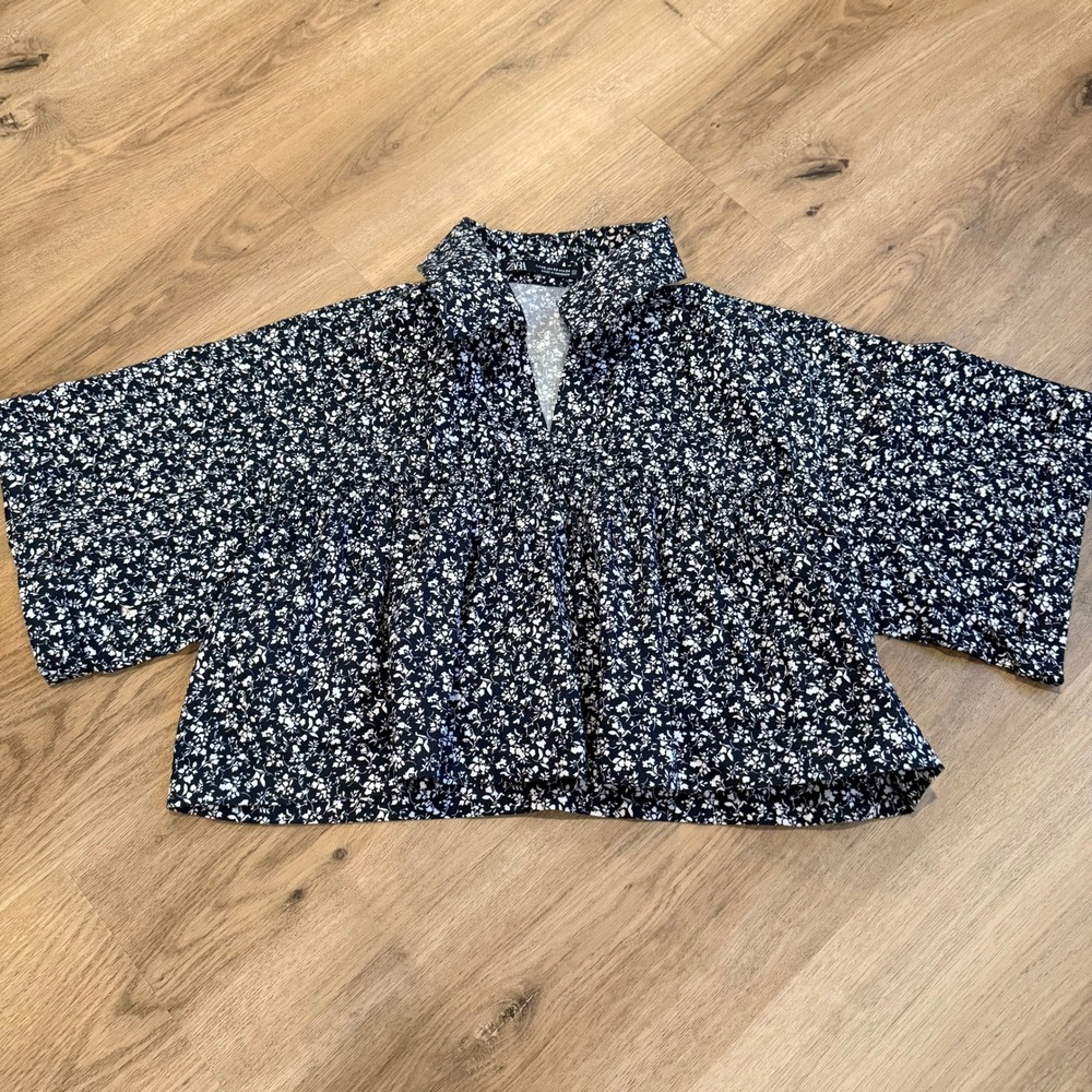 ZARA Black‎ White Floral Babydoll Cropped Top Kimono Sleeve Cotton XS
